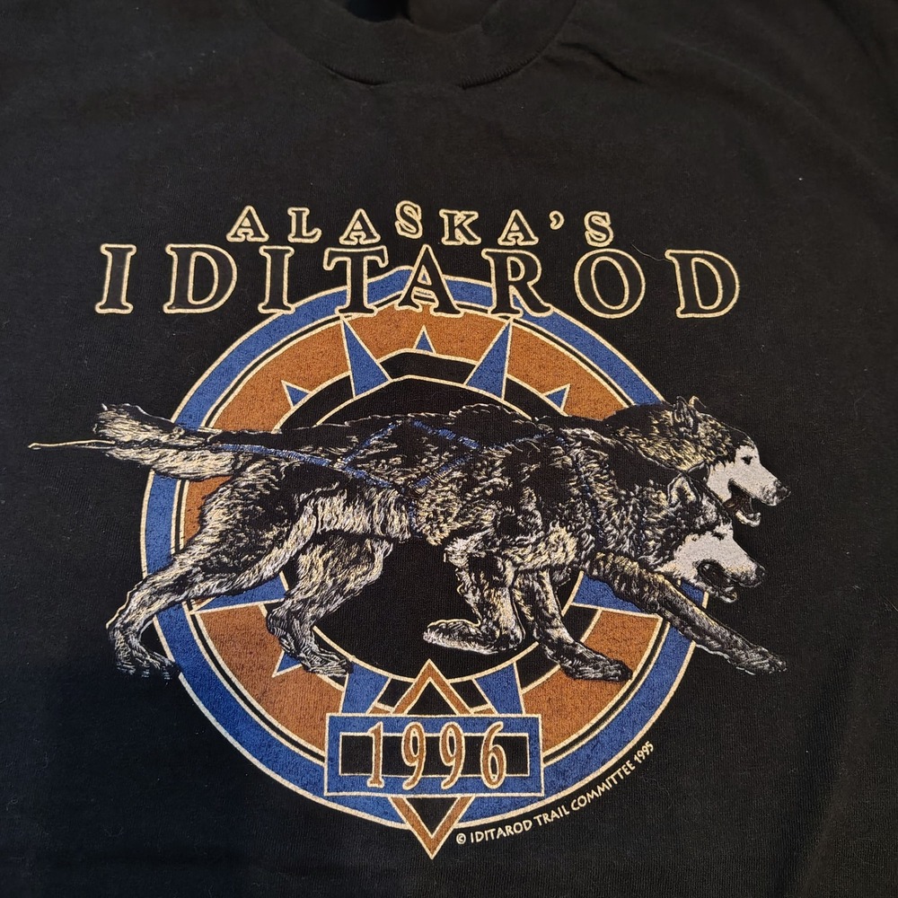 Vintage 1996 Alaska Iditarod Sled Dog T-Shirt Jerzees Made in USA Black Large
